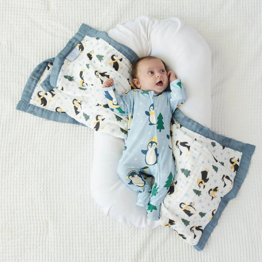 100% Muslin Cotton Baby Blanket – Winter Waddle Limited Edition Penguin Print for Newborns & Toddlers  Snuggle Buds