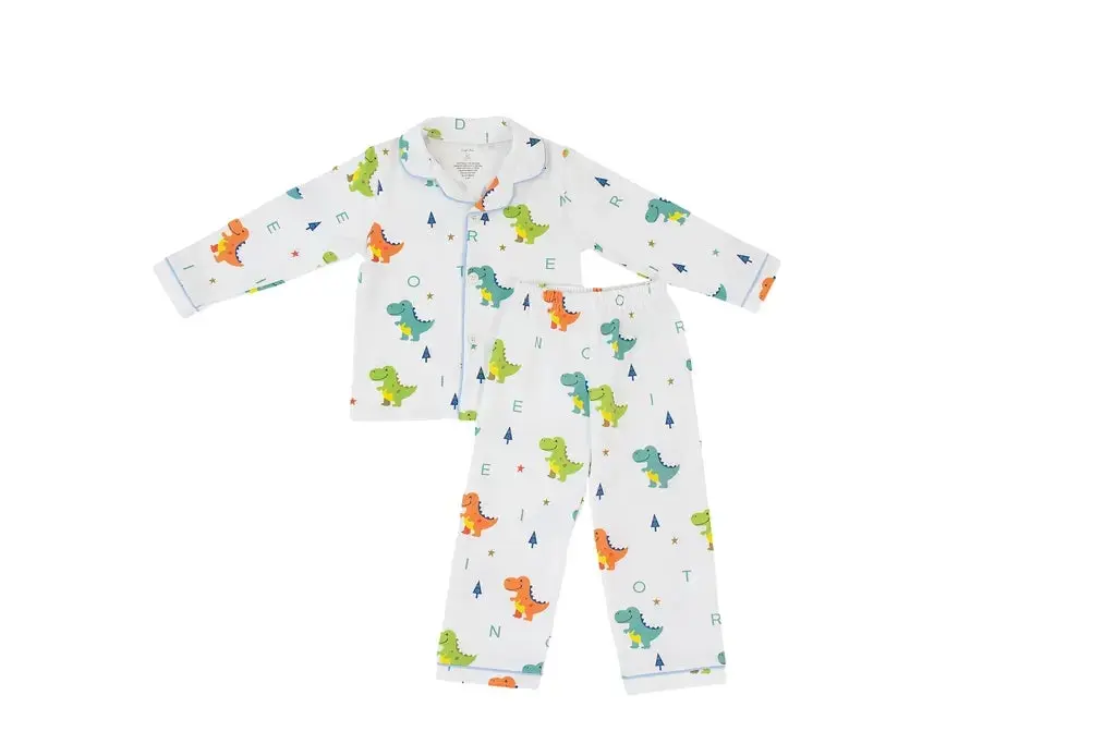 Children's pajama set with dinosaur pattern on a white background