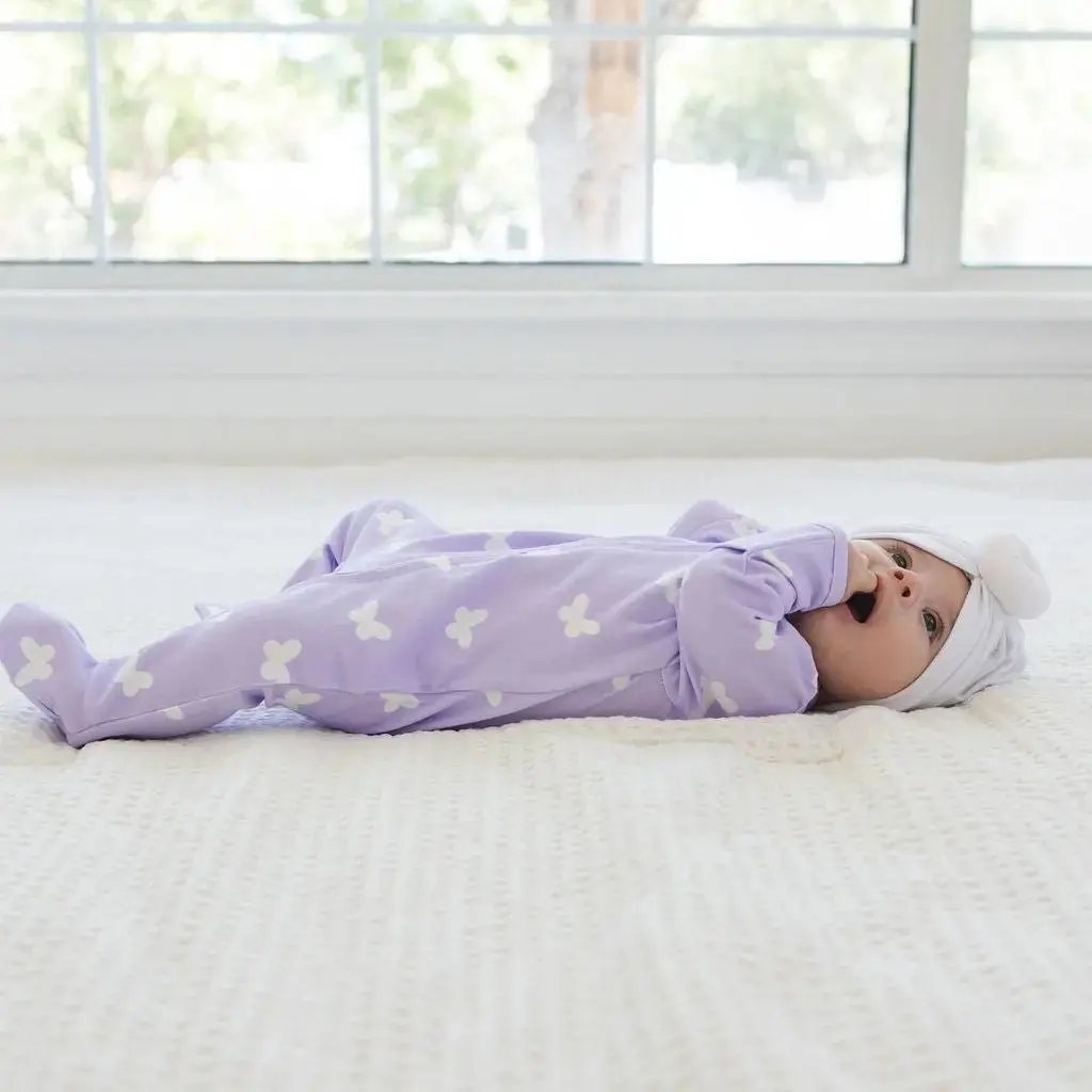 Lilac Flutter Zipped Onesie (0–12 Months) – 100% Cotton Muslin Baby Sleepwear Snuggle Buds