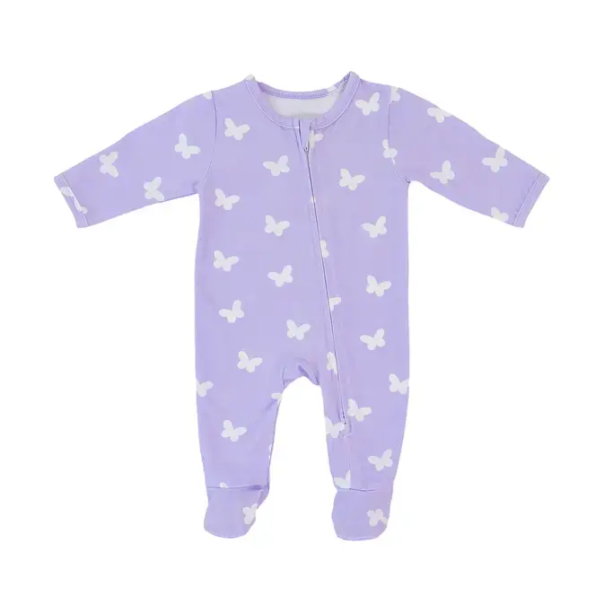 Lilac Flutter Zipped Onesie (0–12 Months) – 100% Cotton Muslin Baby Sleepwear Snuggle Buds