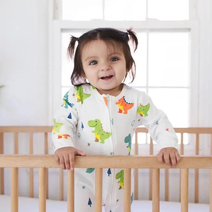 Dino Dreams Zipped Onesie (0–12 Months) – 100% Cotton Muslin Baby Sleepwear Snuggle Buds