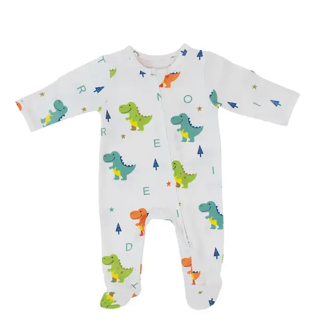 Dino Dreams Zipped Onesie (0–12 Months) – 100% Cotton Muslin Baby Sleepwear Snuggle Buds