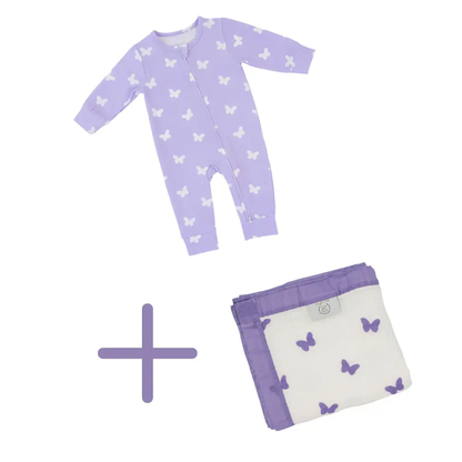 Newborn Bundle: Lilac Flutter Blanket + Zipped Onesie (Newborn Set) Snuggle Buds
