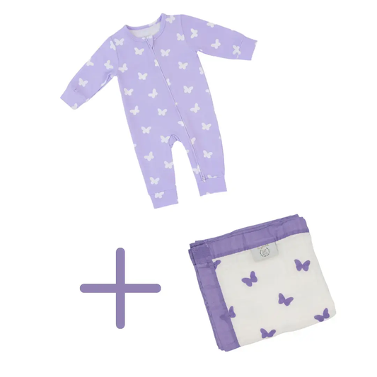 Newborn Bundle: Lilac Flutter Blanket + Zipped Onesie (Newborn Set) Snuggle Buds