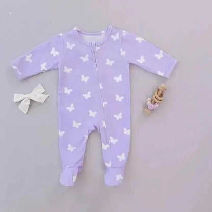 Lilac Flutter Zipped Onesie (0–12 Months) – 100% Cotton Muslin Baby Sleepwear Snuggle Buds