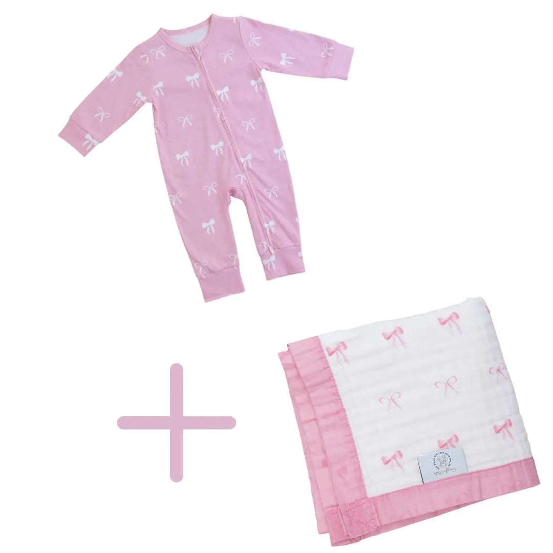 Newborn Bundle: Pretty in Bows Blanket + Zipped Onesie Snuggle Buds