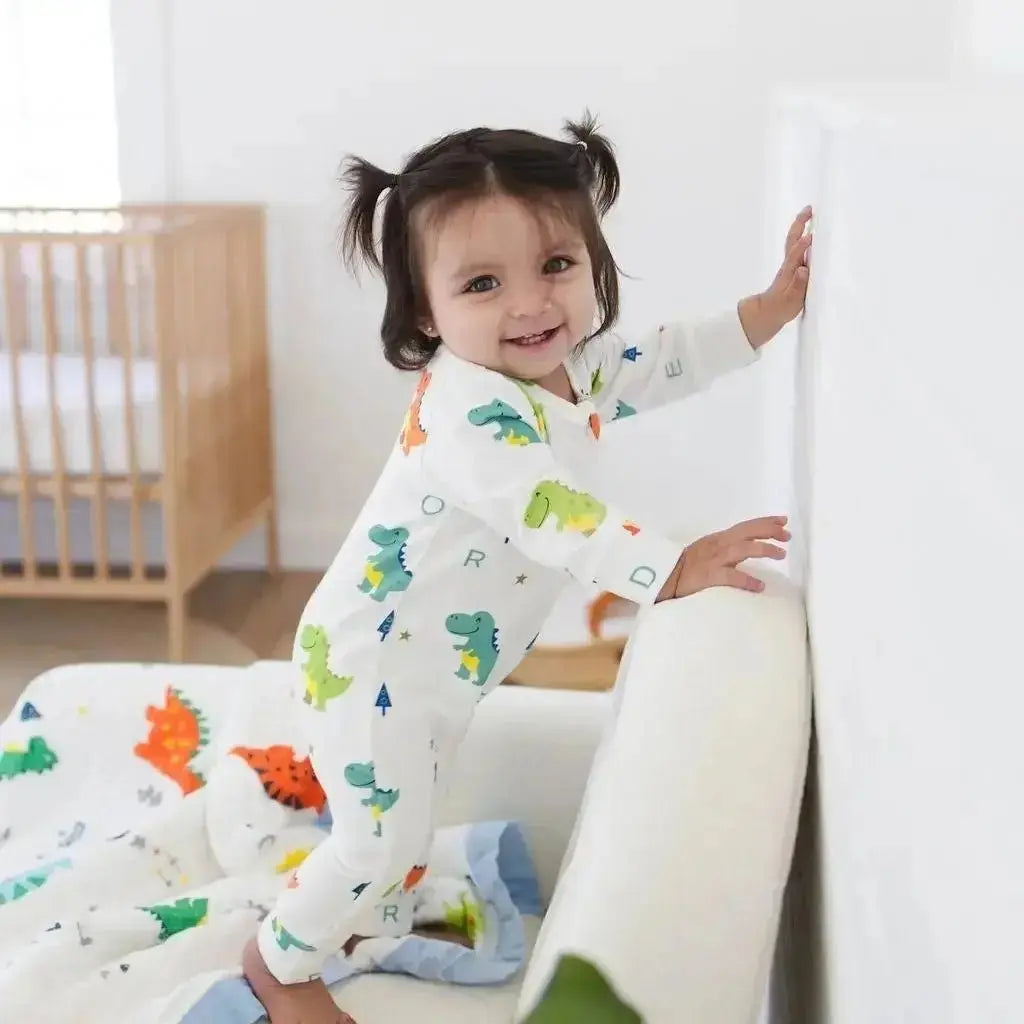 Dino Dreams Zipped Onesie (0–12 Months) – 100% Cotton Muslin Baby Sleepwear Snuggle Buds