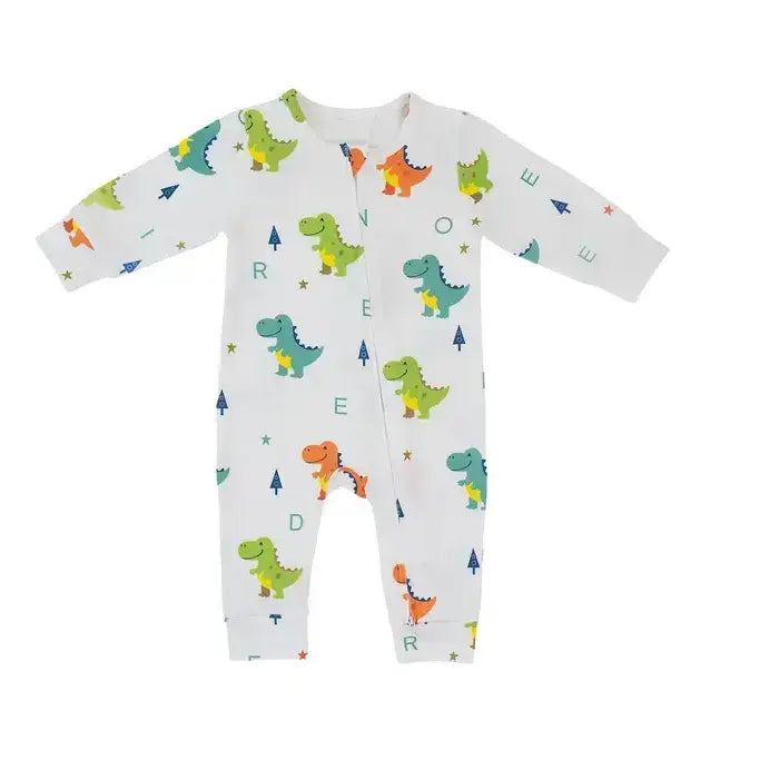 Dino Dreams Zipped Onesie (0–12 Months) – 100% Cotton Muslin Baby Sleepwear Snuggle Buds