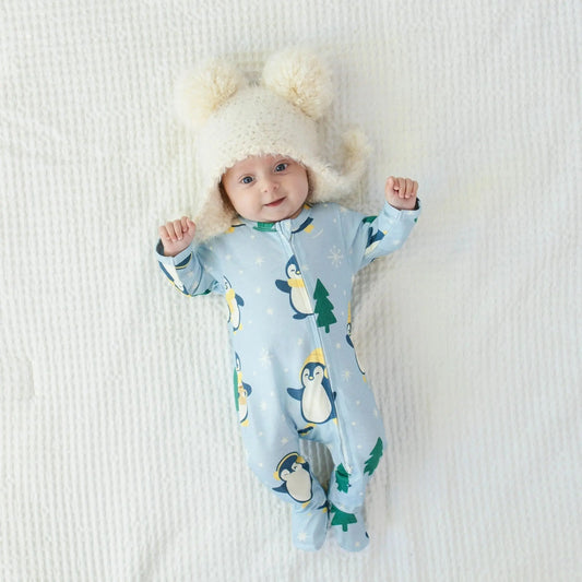 Winter Waddle Zipped Onesie (0–12 Months) – Limited Edition 100% Cotton Muslin Baby Sleepwear Snuggle Buds