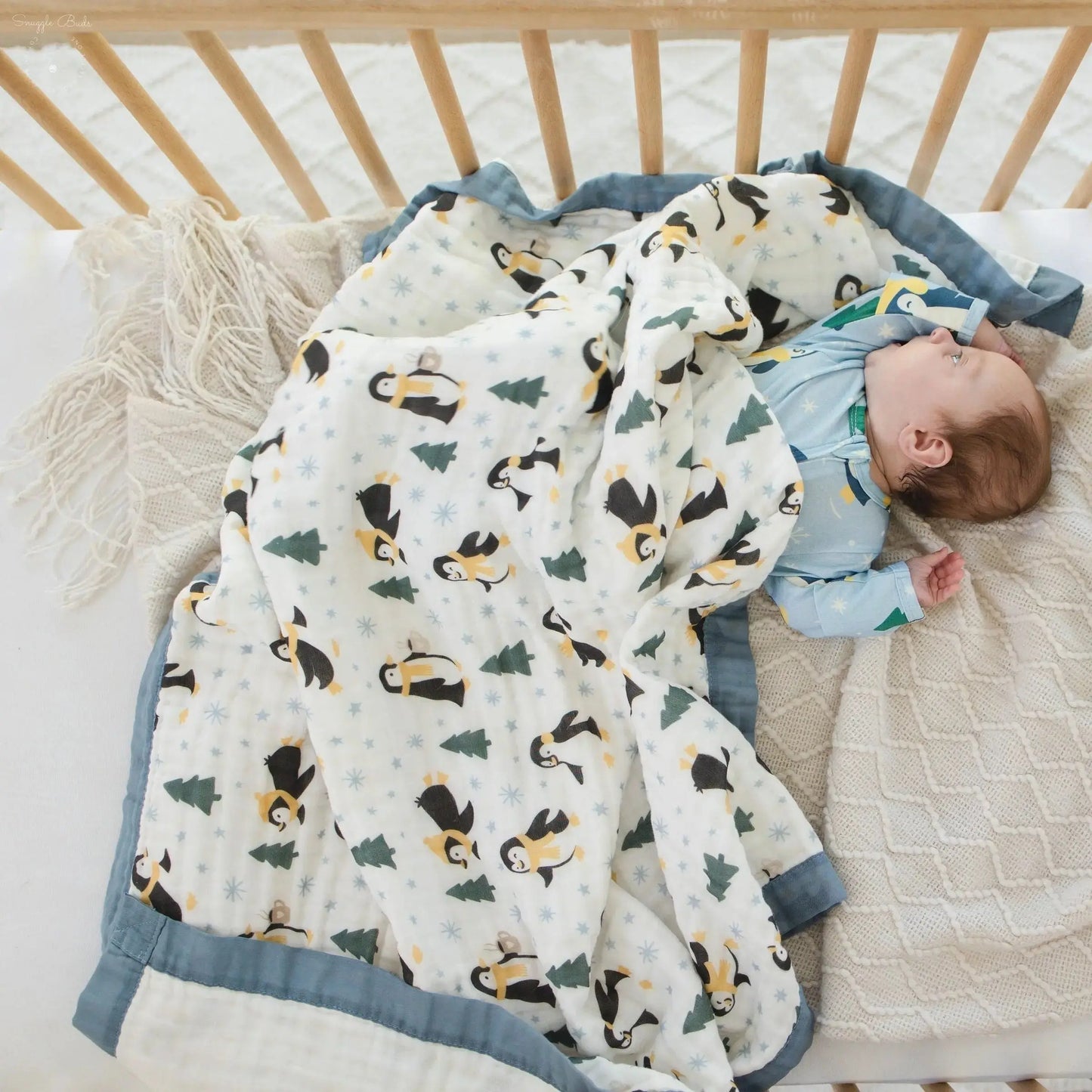 100% Muslin Cotton Baby Blanket – Winter Waddle Limited Edition Penguin Print for Newborns & Toddlers  Snuggle Buds