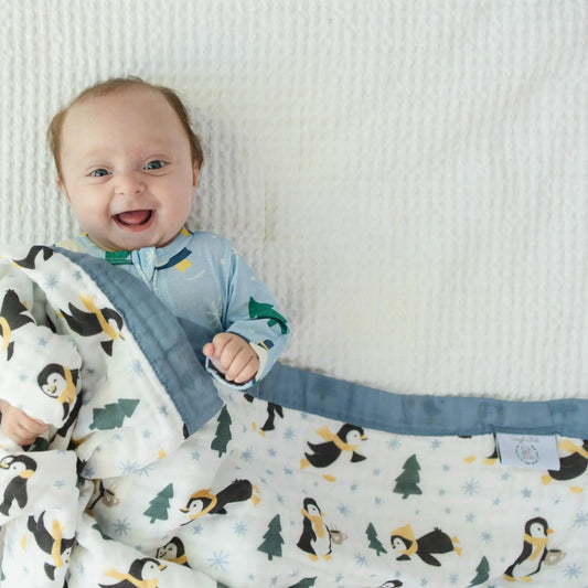 100% Muslin Cotton Baby Blanket – Winter Waddle Limited Edition Penguin Print for Newborns & Toddlers  Snuggle Buds
