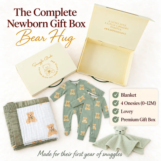Newborn Gift Box (Blanket + Onesies + Lovey) – Bear Hug Snuggle Buds