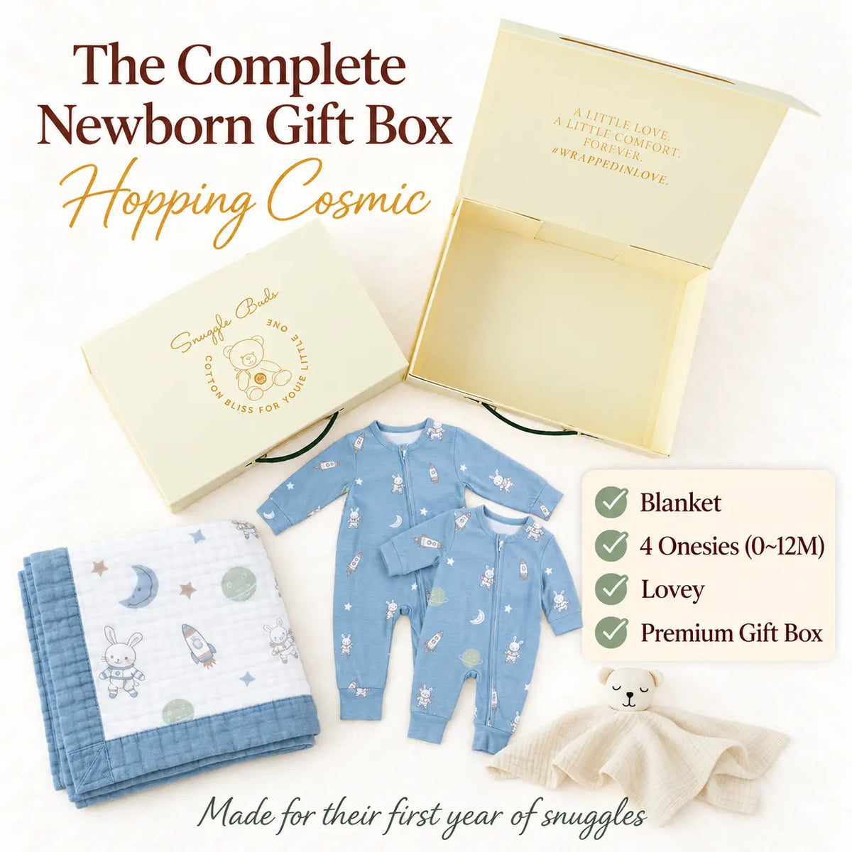 Newborn Gift Box (Blanket + Onesies + Lovey) – Hopping Cosmic Space Bunny Snuggle Buds