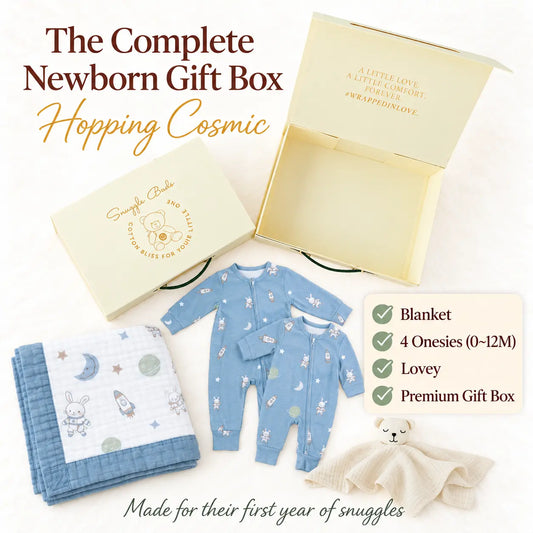 Newborn Gift Box (Blanket + Onesies + Lovey) – Hopping Cosmic Space Bunny Snuggle Buds