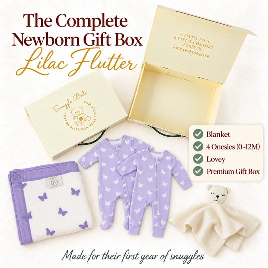 Newborn Gift Box (Blanket + Onesies + Lovey) – Lilac Flutter Snuggle Buds