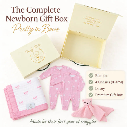 Newborn Gift Box (Blanket + Onesies + Lovey) – Pretty in Bows Snuggle Buds
