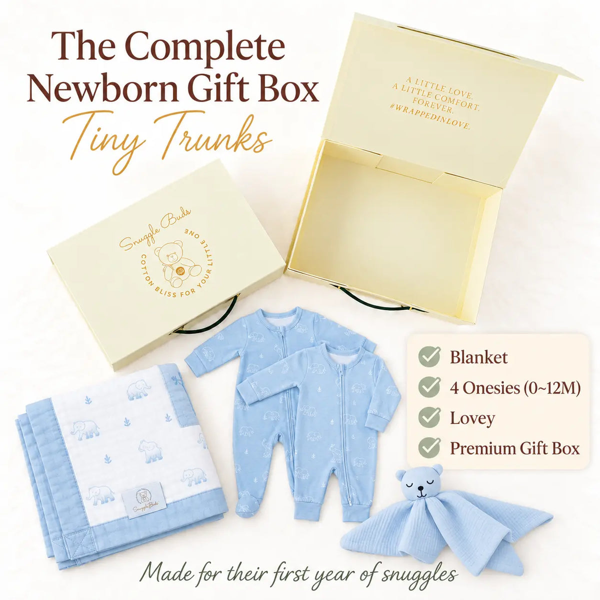 Newborn Gift Box (Blanket + Onesies + Lovey) – Tiny Trunks Snuggle Buds