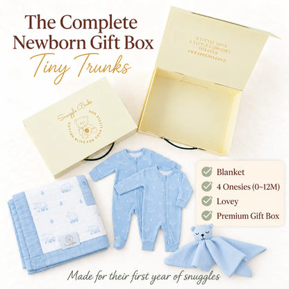 Newborn Gift Box (Blanket + Onesies + Lovey) – Tiny Trunks Snuggle Buds