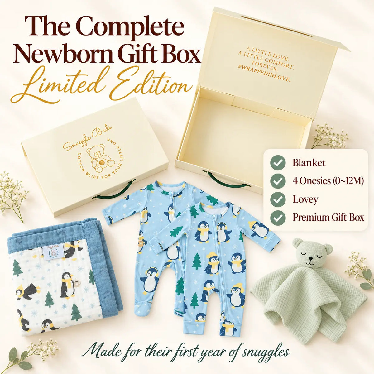 Newborn Gift Box (Blanket + Onesies + Lovey) – Winter Waddle (HOLIDAY EDITION) Snuggle Buds