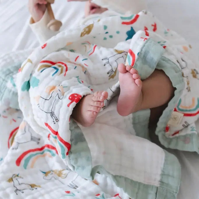 Rainbow & Unicorn Muslin Baby Blanket – Sage Trim 🌈 My Store