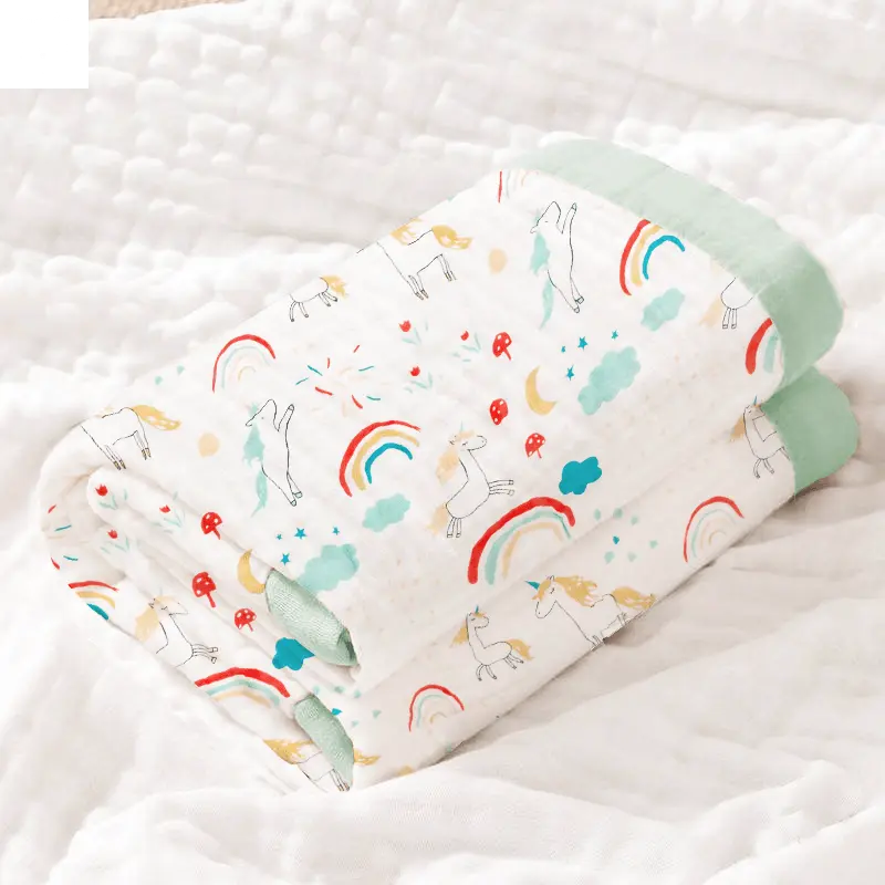 Rainbow & Unicorn Muslin Baby Blanket – Sage Trim 🌈 My Store