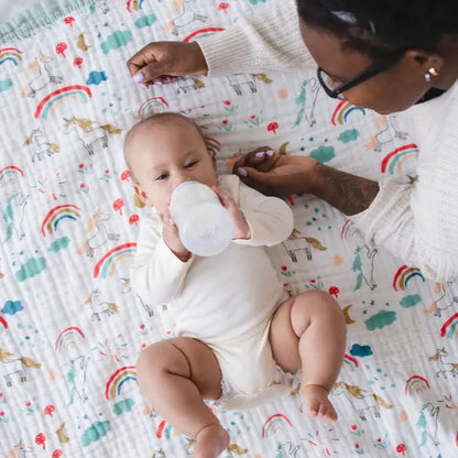 Rainbow & Unicorn Muslin Baby Blanket – Sage Trim 🌈 My Store