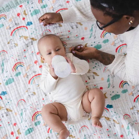 Rainbow & Unicorn Muslin Baby Blanket – Sage Trim 🌈 My Store