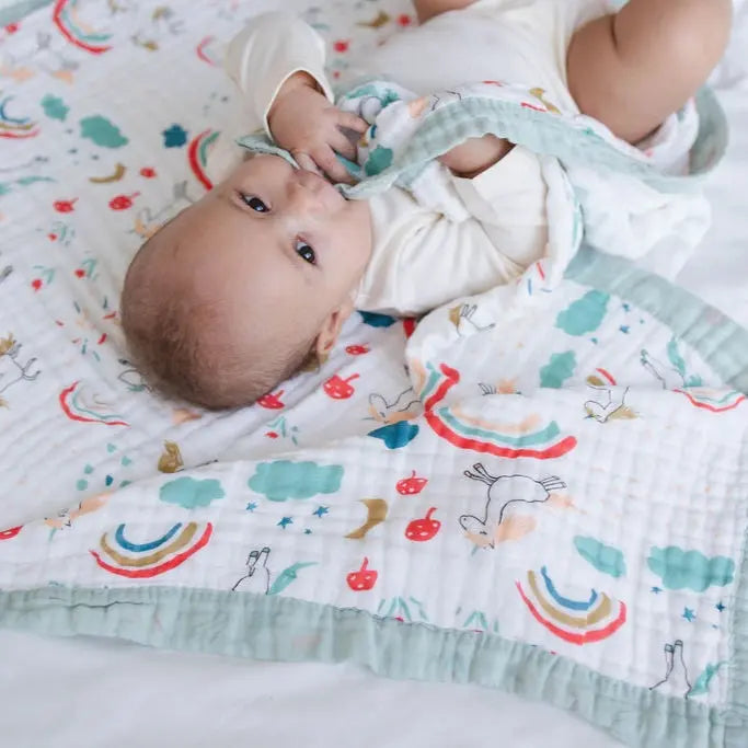 Rainbow & Unicorn Muslin Baby Blanket – Sage Trim 🌈 My Store
