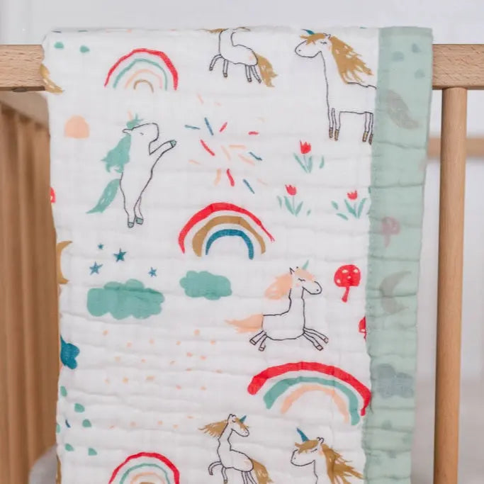 Rainbow & Unicorn Muslin Baby Blanket – Sage Trim 🌈 My Store