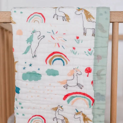 Rainbow & Unicorn Muslin Baby Blanket – Sage Trim 🌈 My Store