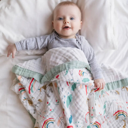 Rainbow & Unicorn Muslin Baby Blanket – Sage Trim 🌈 My Store