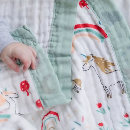 Rainbow & Unicorn Muslin Baby Blanket – Sage Trim 🌈 My Store