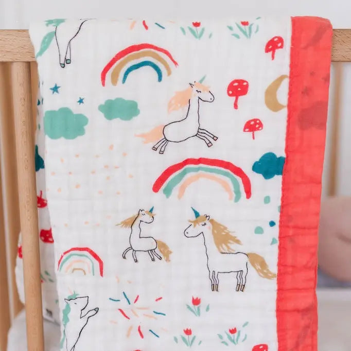 Rainbow & Unicorn Wishes Muslin Baby Blanket – RedTrim 🌈 My Store