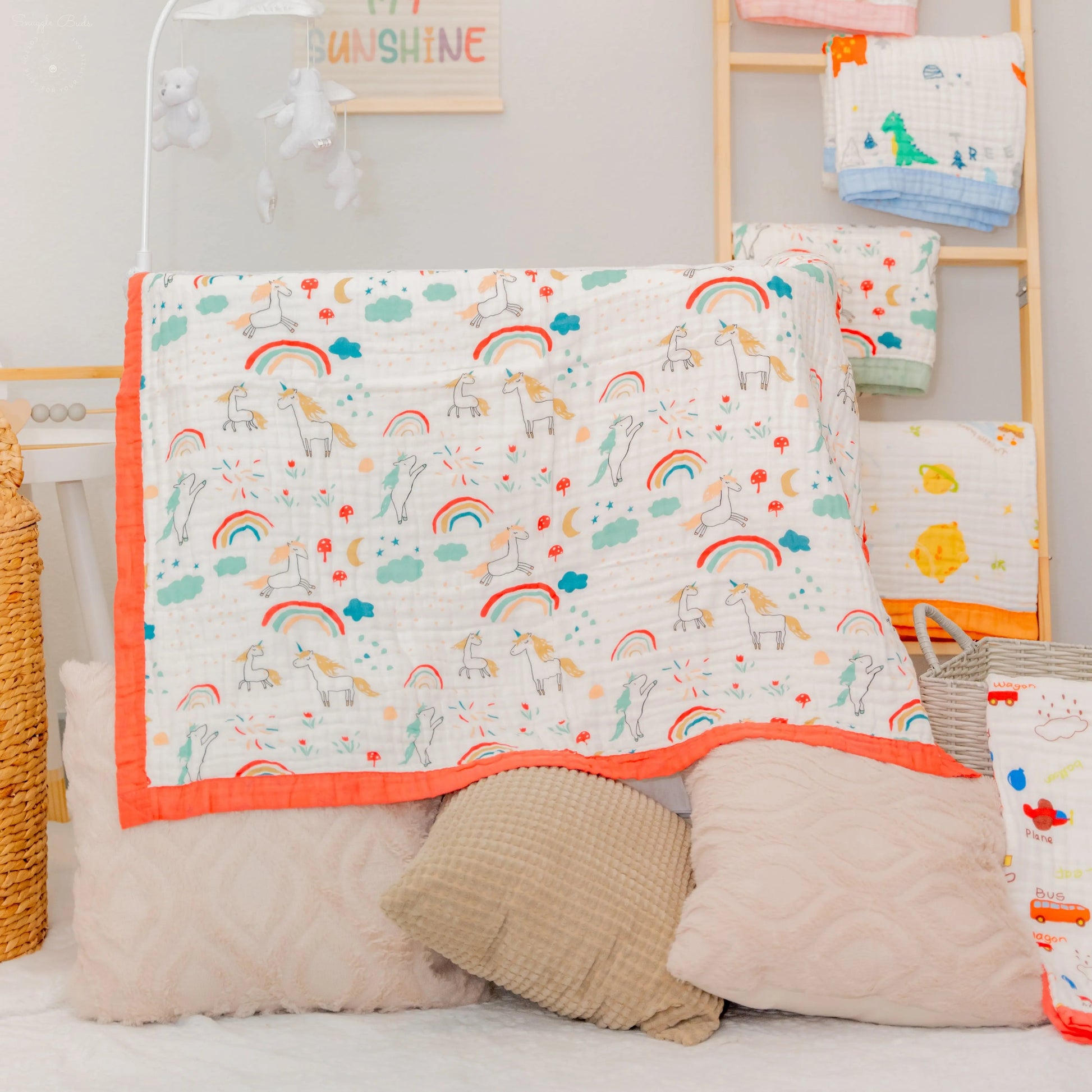 Rainbow & Unicorn Wishes Muslin Baby Blanket – RedTrim 🌈 My Store