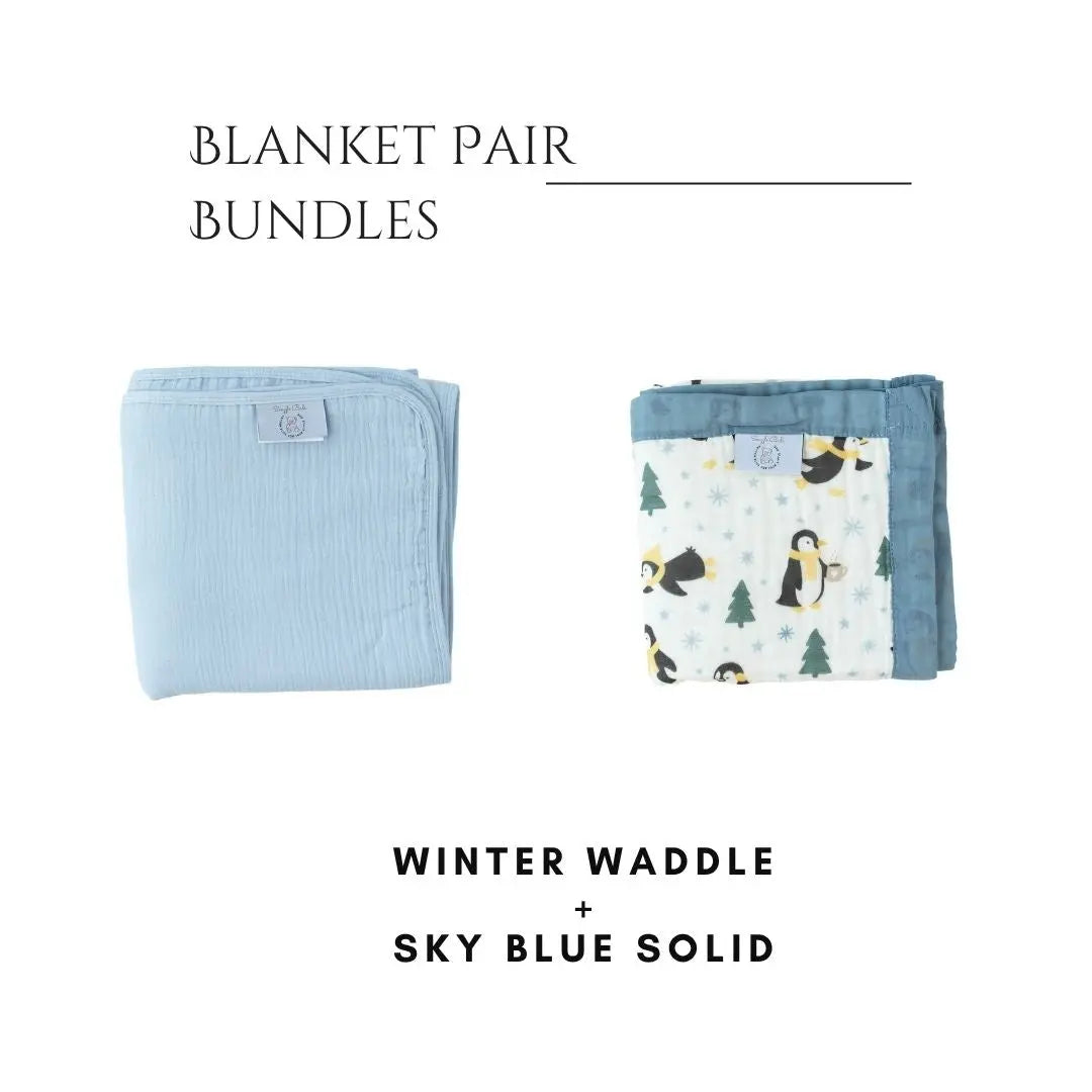 Sky Blue Solid + Winter Waddle Baby Blanket Snuggle Buds