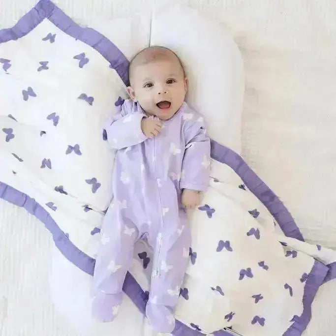 Lilac Flutter Zipped Onesie (0–12 Months) – 100% Cotton Muslin Baby Sleepwear Snuggle Buds