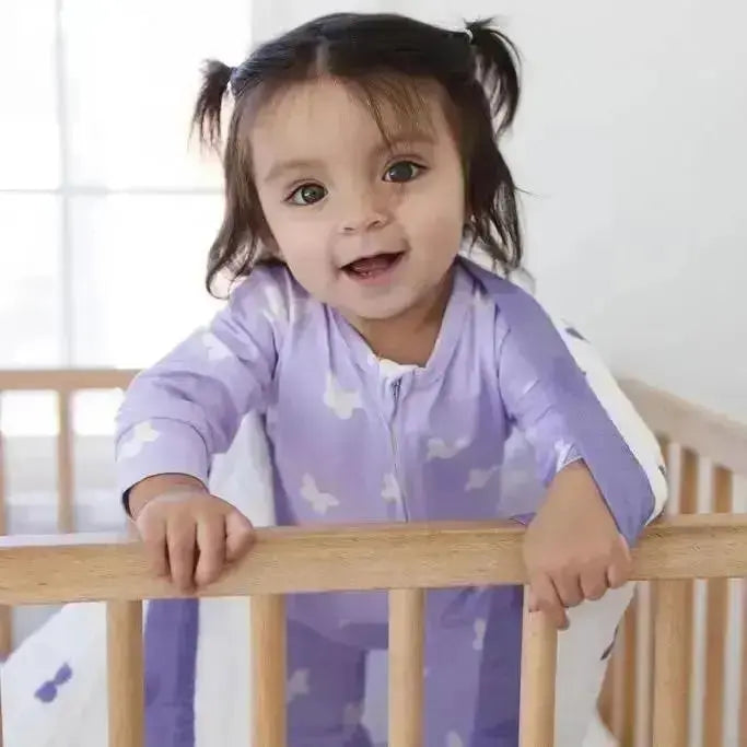 Lilac Flutter Zipped Onesie (0–12 Months) – 100% Cotton Muslin Baby Sleepwear Snuggle Buds