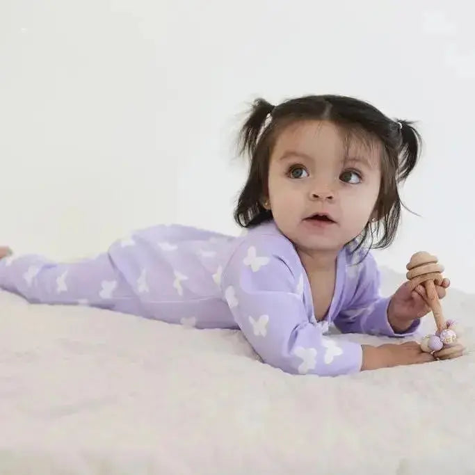 Lilac Flutter Zipped Onesie (0–12 Months) – 100% Cotton Muslin Baby Sleepwear Snuggle Buds